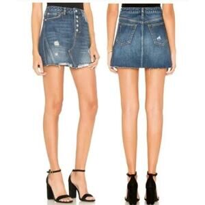 Free People A-Line Denim Distressed Mini Skirt Button Fly Jean Skirt Women US 26